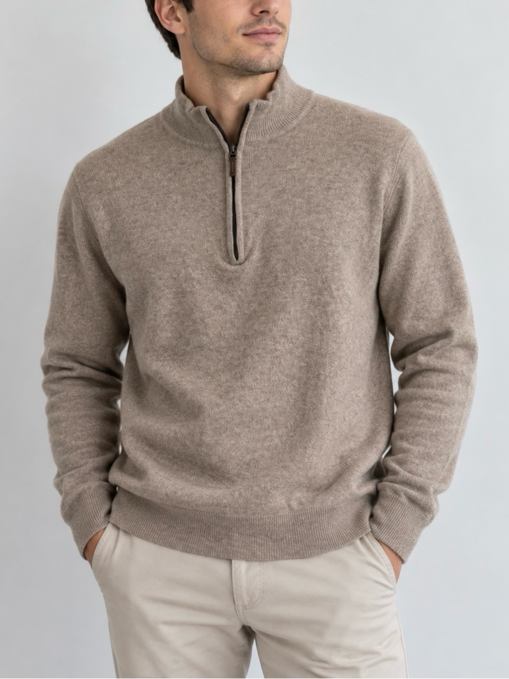 Brax Cashlana Men’s 1/4 Zip Sweater Wool Cashmere Taupe Brown Fall Winter Size L